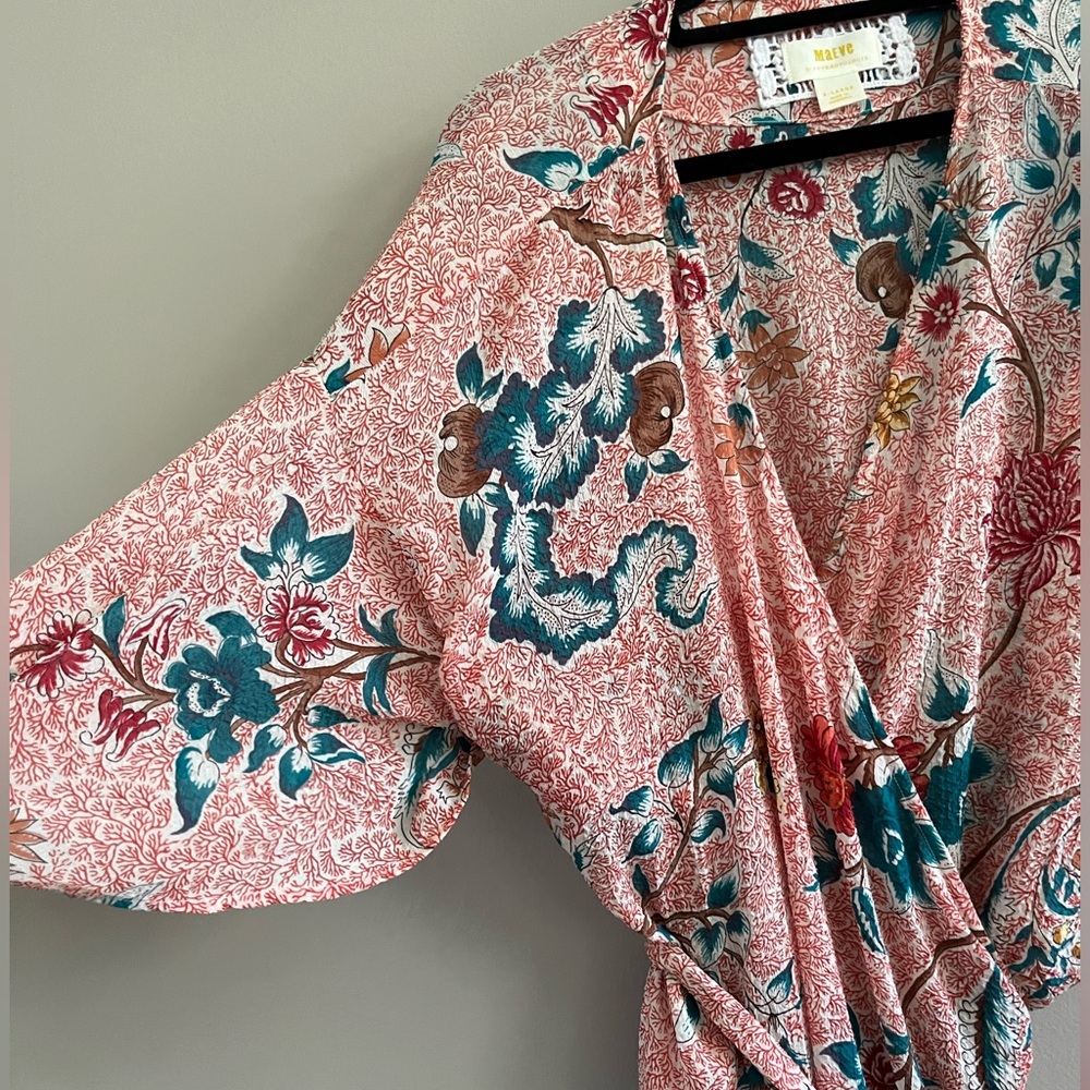 Anthropologie Pink Floral Midi Dress with Teal and Red Accents - Picture 7 of 10